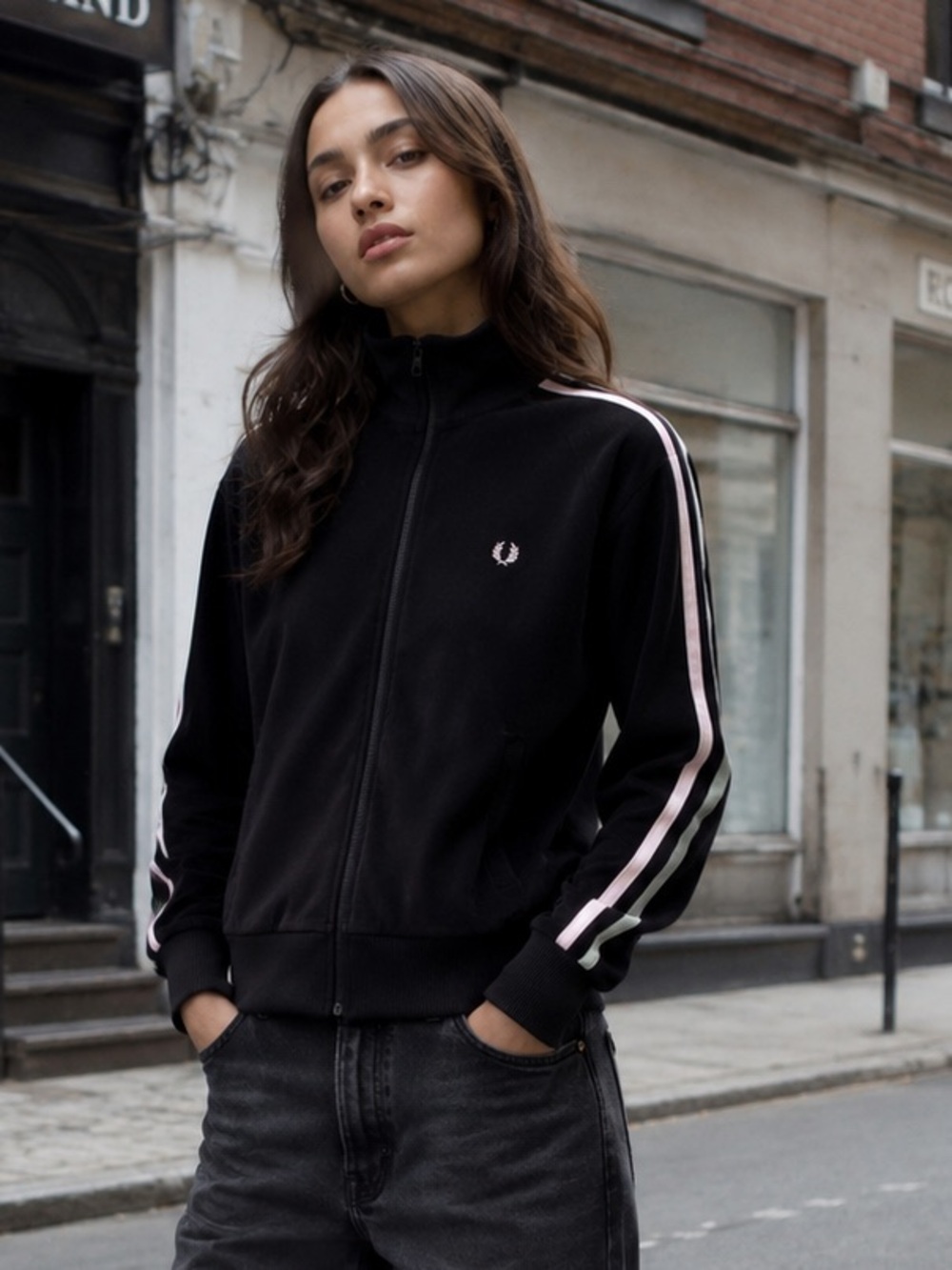 Vintage Fred Perry Black Velour Zip Mock Neck Track Jacket Stripe Size L